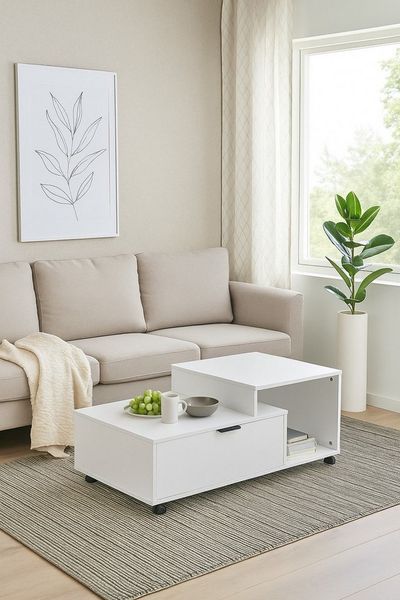 Funktioneller Couchtisch auf Rollen – Weiß, mit Schublade & offenem Fach