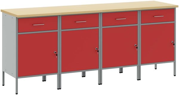 vidaXL Werkbank mit Schubladen 4 pcs Rot und Grau 200 x 55 x 85 cm 3321385