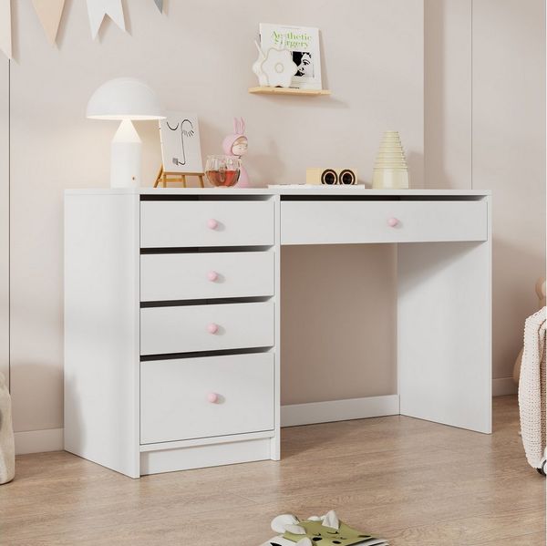 Flieks Schreibtisch mit 5 Schubladen und rosa Keramikgriffen (120×45×74 cm, 1-St), Computertisch Arbeitstisch Bürotisch aus MDF weiß