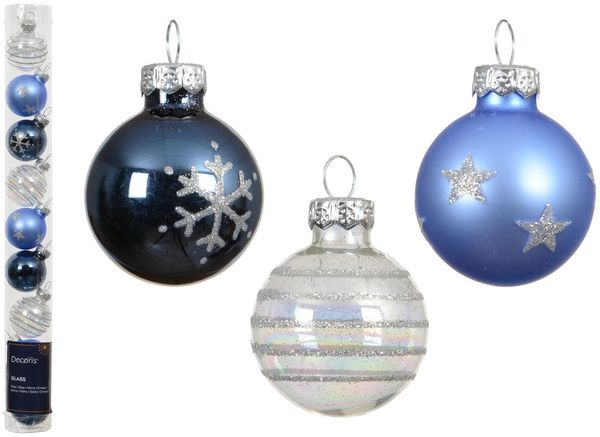 Kaemingk Weihnachtsbaumkugel, Weihnachtskugeln Glas mit Motiven 3cm 9er Set Blau / Weiß Mix
