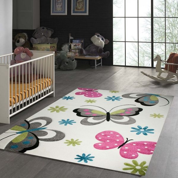 TeppichHome24 Kinderteppich Kinderteppich Schmetterling Design Creme Pink Grau Grün Blau, rechteckig, Höhe: 13 mm