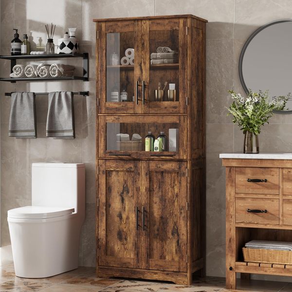GarveeLife Badezimmerschrank Badschrank Hochschrank für Badezimmer Arbeitszimmer, Mehrzweckschrank Küchenschrank mit 4 Türen und 1 Schubladen Holz 67 x 30 x 170 cm, Vintage
