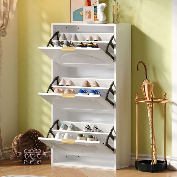 Merax Schuhkipper Schmal mit 3 Klappen, Schuhschrank, Schuhschrank Schuhkommode für Flur Wohnzimmer, Weiß, 60 x 24 x 114cm