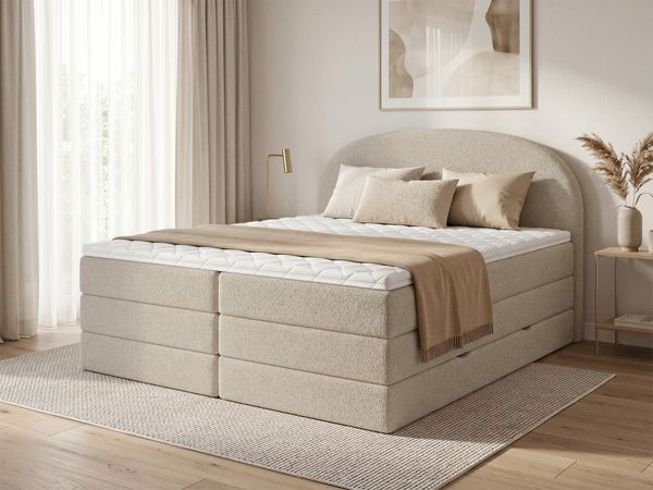 Boxspringbett Cloud XL mit 2 Bettkästen und Topper, mit Taschenfederkern- und Bonellfederkernmatratze, Doppelbett, Polsterbett aus Bouclé-Stoff mit Stauraum (Beige (Coral 65), 160 x 200 cm)