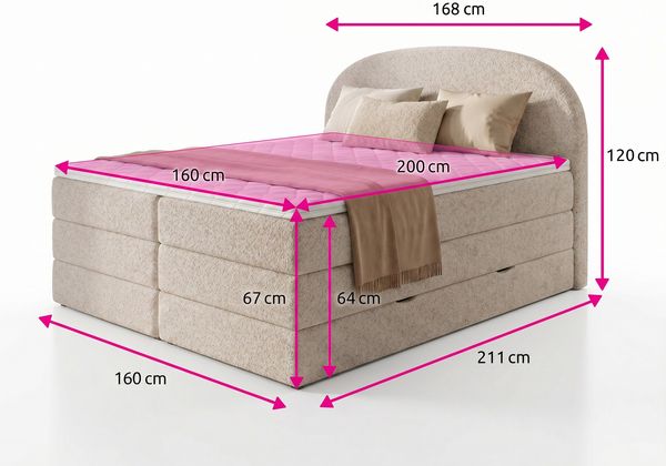 Boxspringbett Cloud XL mit 2 Bettkästen und Topper, mit Taschenfederkern- und Bonellfederkernmatratze, Doppelbett, Polsterbett aus Bouclé-Stoff mit Stauraum (Beige (Coral 65), 160 x 200 cm) Bild 4