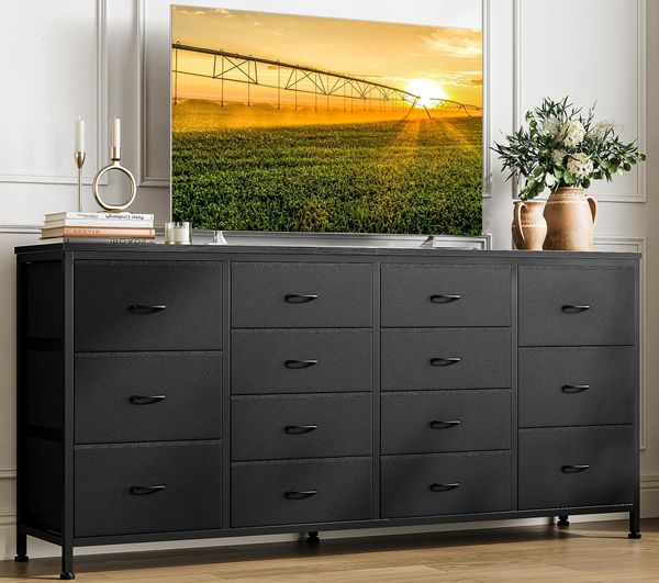 GarveeHome TV Schrank 160cm Mit Integrierten Steckdosen & 14 Schubladen, Stabiles Lowboard Für Fernseher Bis 75 Zoll (190cm), in Holzmaserung (z.b. Blanc-Eiche), Für Wohnzimmer, Schwarz