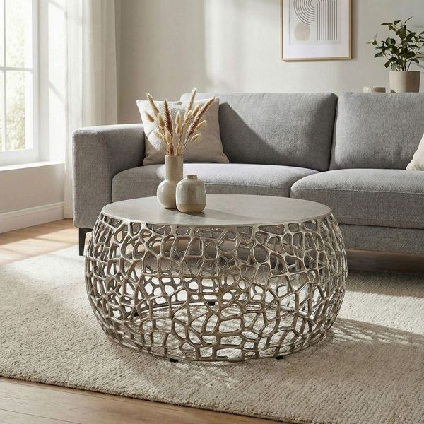FINEBUY Couchtisch FB116656 Metall Silber Sofatisch Ø 66 cm Tisch Wohnzimmertisch Rund (60 cm Silber, Beistelltisch Metall Modern Rund), Metalltisch mit Ast-Struktur, Tisch Modern