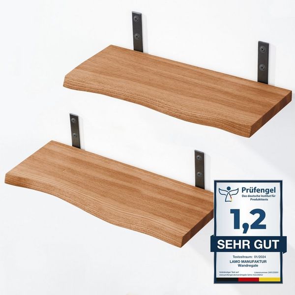LAMO Manufaktur Wandregal LAMO Manufaktur 2 Stück Wandregal Holz 2x 42cm, Schweberegal Massiv 100% Echtholz, Wandregale SET 2 Baumkante Farbe: Dunkel