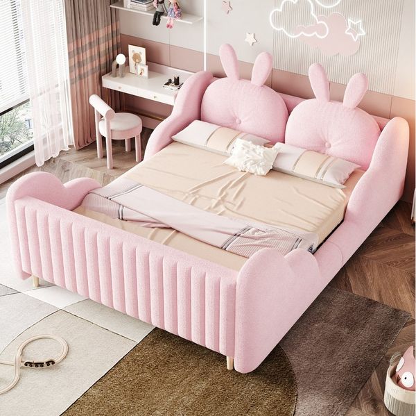 Merax Polsterbett (1-tlg, gepolstertes Plattformbett Bodenbett aus Teddysamt), Kinderbett 140x200 mit Lattenrost, Kaninchenkissen und Rausfallschutz