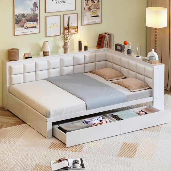 Sofabett aus Kiefernholz mit 2 Schubladen, 140x200 cm, Weiß, ohne Matratze