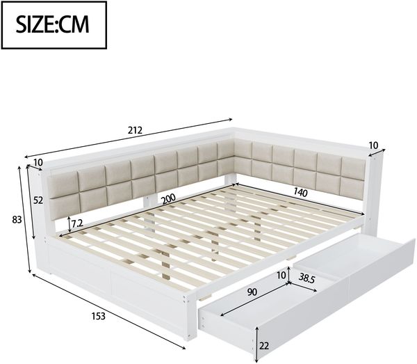 Sofabett aus Kiefernholz mit 2 Schubladen, 140x200 cm, Weiß, ohne Matratze Bild 2