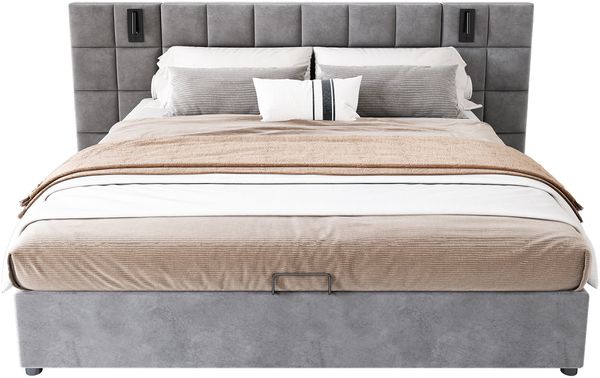 Polsterbett 180x200 cm mit hydraulischem Bettkasten, verstellbarem Leselicht und USB-Anschluss, Grau Bild 5