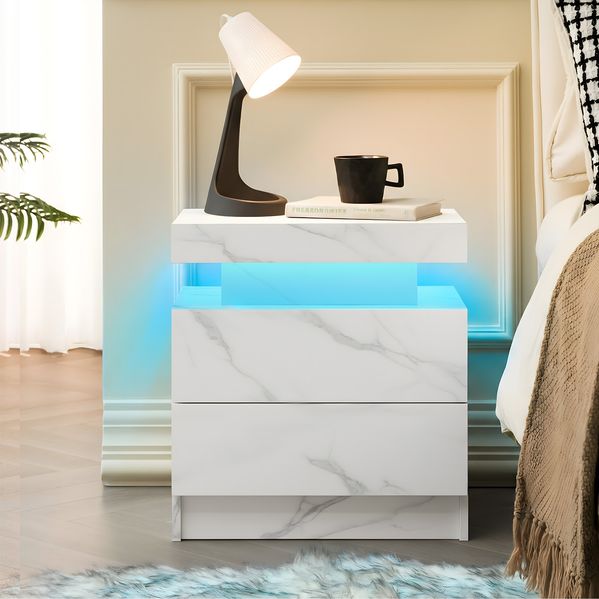 Beistelltisch mit LED-Beleuchtung & 2 Schubladen, Holzwerkstoff, 50×53×36 ,Mattweiß