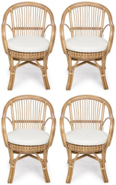 Casa Padrino Luxus Gartenstuhl 4er Set Naturfarben / Weiß 57 x 61 x H. 80 cm - Rattan Stühle mit Armlehnen und Sitzkissen - Moderne Rattan Garten & Terrassen Möbel