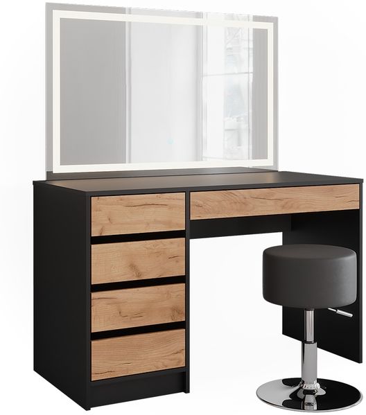 Schminktisch Sherry Anthrazit/Goldkraft Eiche 120 x 75 cm mit LED-Spiegel und Hocker Vicco