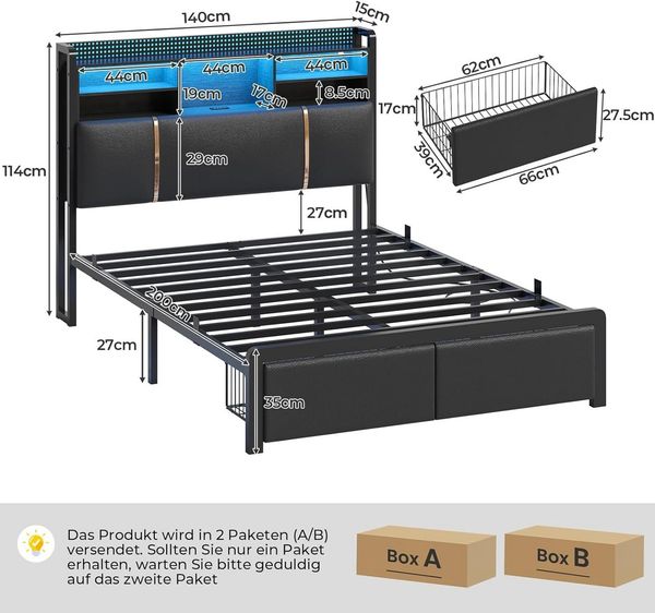 KIMENICH Polsterbett mit LED-Beleuchtung und 2 Schubladen, Regalkopfteil mit Stauraum (1-tlg, Ohne Matratze), Metallbett Jugendbett Bettgestell 140x200 cm