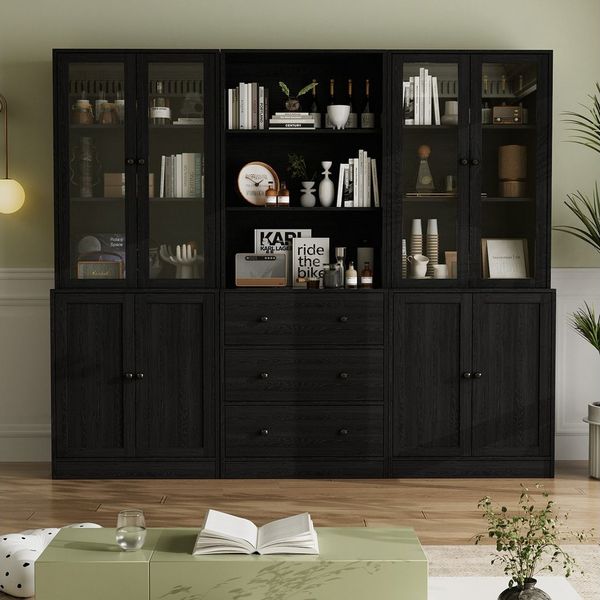 VOWNER Bücherregal 5-stöckiges Bücherregal mit Glastüren, 180 cm Vitrinenschrank, 3-tlg, multifunktionaler Küchenschrank Hochschrank & Buffetschrank