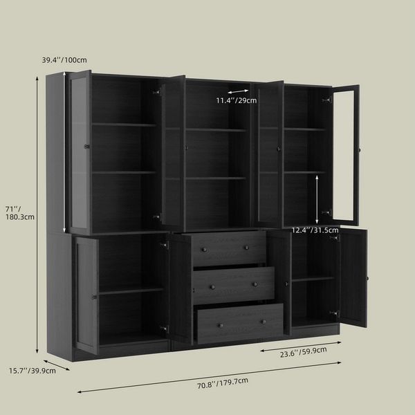 VOWNER Bücherregal 5-stöckiges Bücherregal mit Glastüren, 180 cm Vitrinenschrank, 3-tlg, multifunktionaler Küchenschrank Hochschrank & Buffetschrank