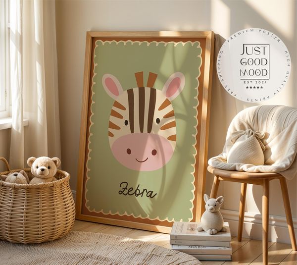 Poster Kinderzimmer Zebra · Niedliches Tiermotiv auf Grün · Safari Deko für Babyzimmer · Liebevoll illustriert · Dekoprint ohne Rahmen - 80x120cm
