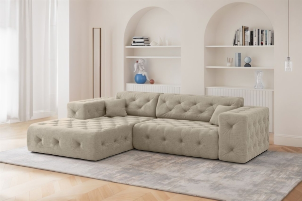Ecksofa Designersofa CHANTAL in Stoff Moly Beige Ottomane Links