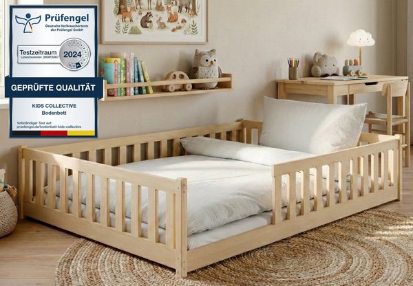 Kids Collective Kinderbett Bodenbett Bett mit Rausfallschutz & Lattenrost Montessori Bett Kinder (Jungen, Mädchen, Kinder, weitere Größen 80x160, 80x180, 90x190, 90x200, 120x200 cm), Jugendbett Gitterbett Einzelbett mit Matratze, Natur 140x200 cm