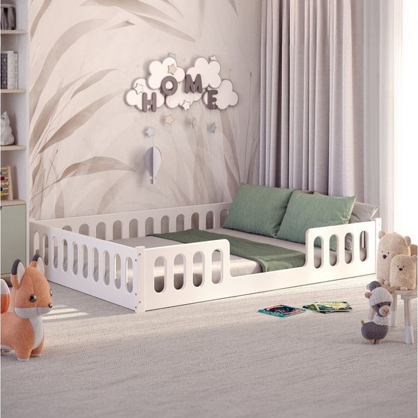 CADANI Monte 2in1 Bodenbett 140x200 cm Montessori Kinderbett Rausfallschutz abnehmbar - weiß, 46 kg schwer, bis 200 kg belastbar, extra starker Roll-Lattenrost, umbaubar