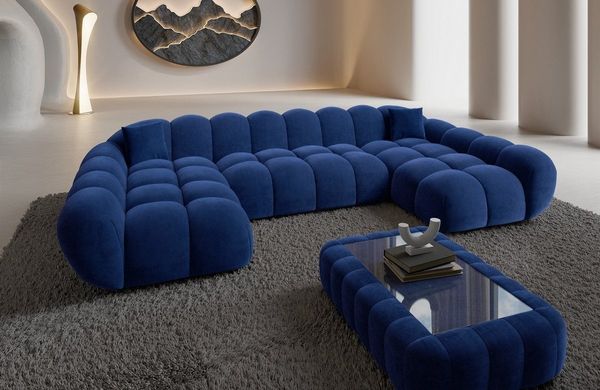 Sofa Dreams Loungesofa Maleron U Form Studio Design Couch, Stoff Wohnlandschaft, 6-Sitzer, Sofa, Samtstoff Bezug Dunkelblau