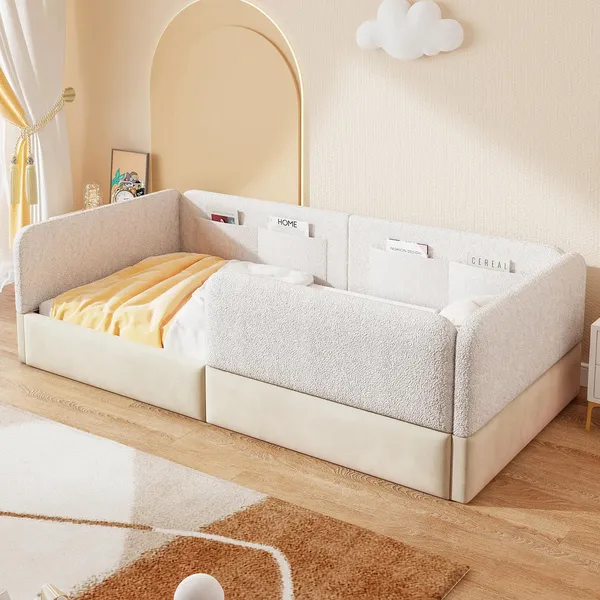 Kinderbett mit Stauraum, Rausfallschutz und Lattenrost, 4 Aufbewarungstaschen, Polsterbett, Einzelbett, 90x200 cm, Kunstleder und Samt