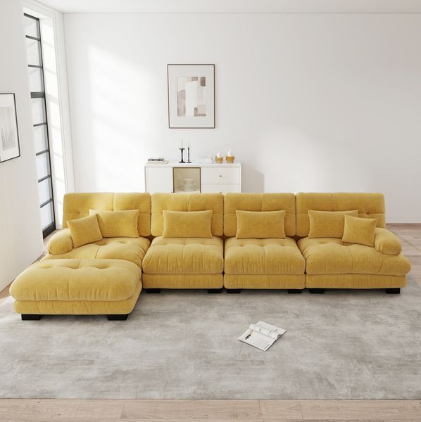 Ecksofa 81cm×406cm×145cm mit beweglichen Ottomane – modulares 4-Sitzer Sofa aus Chenille in Gelb
