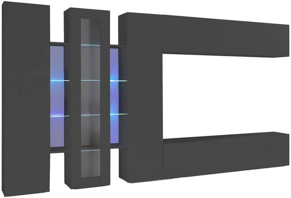Dmora Ausgestattete Wand Bellino, TV-Ständer-Wohnzimmerset, Wohnzimmermöbel mit Vitrine und LED-Licht, 100 % Made in Italy, 320 x 30 x 180 cm, Anthrazit,