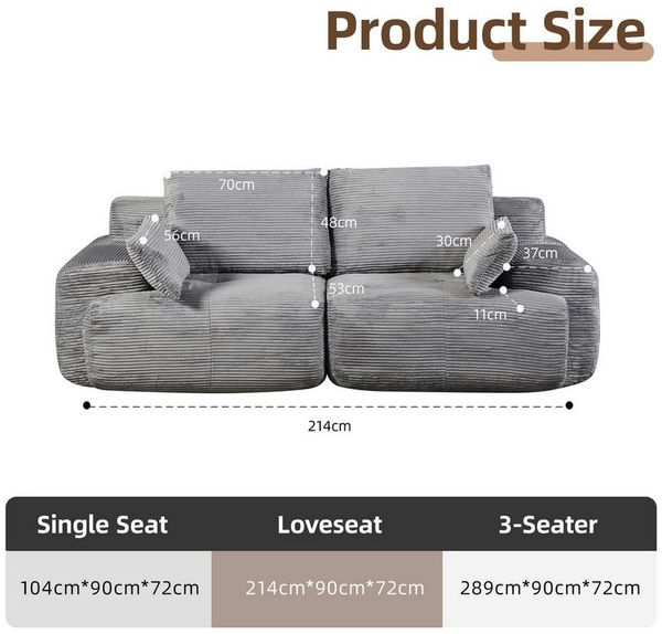 Leawin Sofa Modulares 2-Sitzer-Sofa, große liegefreie Couch, Cord-Sofa-Kombination, Komfortables Sofa mit Schaumfüllung für Wohnzimmer, Büro