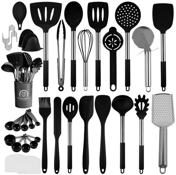 ElitVita Kochbesteck-Set 45 Silikon Küchenhelfer, mit Utensilienhalter, Mit Aufhängeschlaufe (45-tlg, Spatel, Suppenlöffel, Bratspatel, Puderkralle, Lebensmittelklammer), Griff aus rostfreiem Stahl, Spatel Bratspatel Suppenkelle Schneebesen