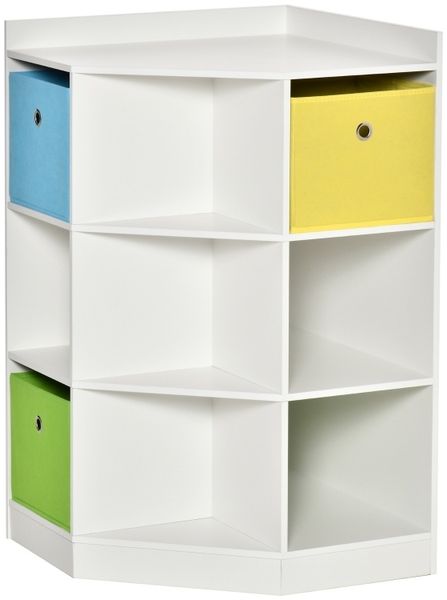 Kinderregal 57,4 x 57,4 x 94 cm mit 9 Fächern und 3 Stoffschubladen – Eckregal aus MDF in Weiß