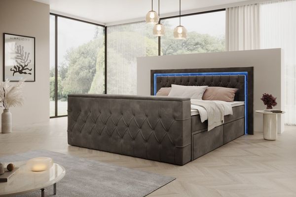 PROMETO Möbel Boxspringbett Doppelbett mit Matratze, Schubladen TV-Lift LED Beleuchtung, inkl. 7-Zonen-Taschenfederkernmatratze, TV-Lift im Fußteil, Topper