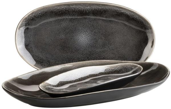 Modernes Plattenset für 4 Personen in aufregendem Vintage Look, 3-teiliges Platten Set mit besonderer Glasurkombination in Schwarz und Braun, Steinzeug