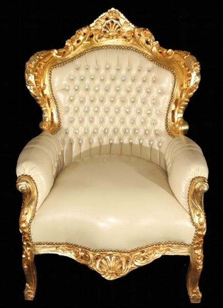 Casa Padrino Barock Sessel King Creme/Gold Lederoptik Bling Bling