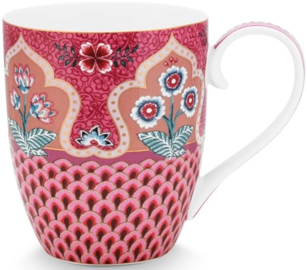 PiP Studio Becher Flower Festival sca. Henkelbecher dark p. XL 450 ml, Porzellan, Mug XL Flower Festival Scallop Deco Dark Pink 450ml