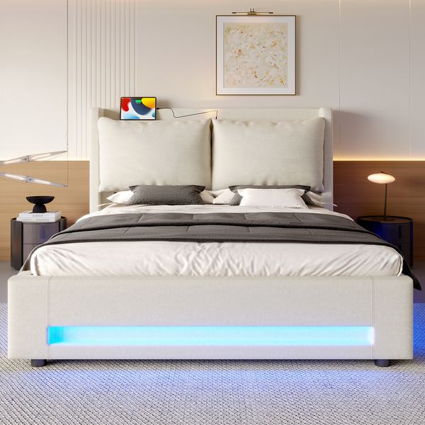 Flieks Polsterbett 140*200cm Doppelbett Samt-Himmelbett praktischem Stauraum, USB-C-Anschlüssen, ambienter LED-Beleuchtung, Beige
