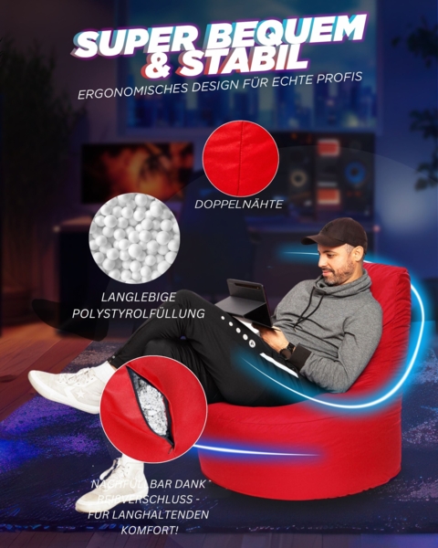 Patchhome Gamer Sitzsack, bereits befüllt, Polyester rot, Ø 80 cm Bild 5