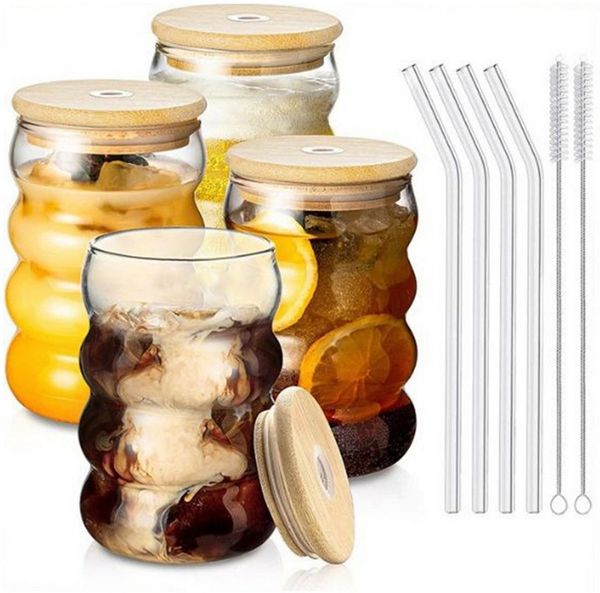 Refined Living Gläser-Set Trinkgläser gewellt 4er Set 350ml mit deckel, Glasstrohhalmen, Bürsten, Glas, gerippte trinkgläser bubble gläser, wave gläser, Cocktail Gläser