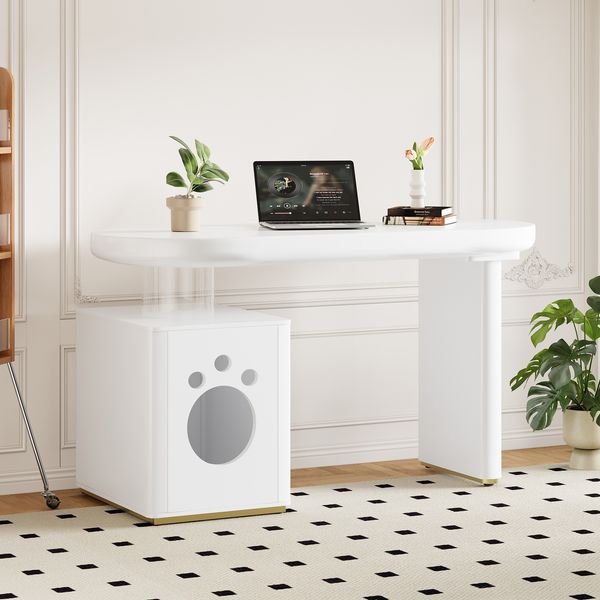Flieks Schreibtisch 117×50×76 cm in Wolkenform, 5 cm verstärkte Beine, Haustierfach & Stauraum, weiß