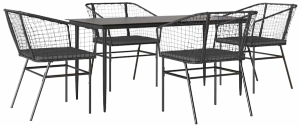 vidaXL 5-tlg. Garten-Essgruppe mit Kissen Schwarz Poly Rattan Glas 3334502