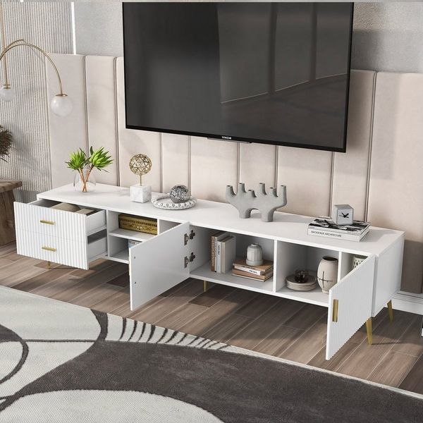 Merax Lowboard Holz mit 2 Schubladen und 2 Türen, TV-Schrank mit goldenen Metallbeine, TV-Board mit großem Stauraum,belastbar bis 50kg