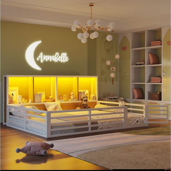 TavilaEcon Kinderbett Zaunbett 140x200 cm mit LED-Beleuchtung & Stauraum, App-Steuerung, LED-Streifen mit 60.000 Farben / 16 Hauptfarben, Weiß