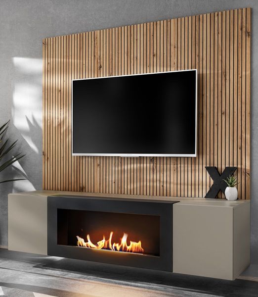 TV-Lowboard Set iLike in Lehm-Grau, schwarz und Artisan Eiche mit Kamin 160 cm
