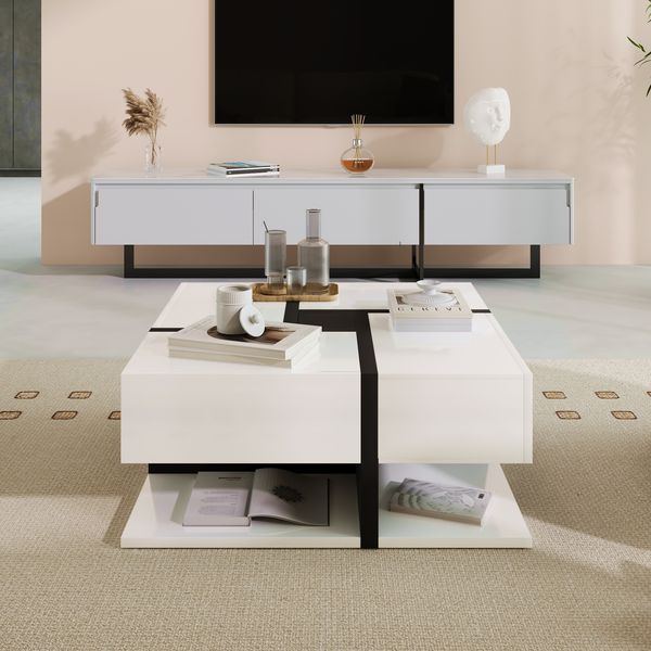 Couchtisch Hochglanz Quadratisch mit 4 Schubladen in Weiß/Schwarz - 78x78x36 cm