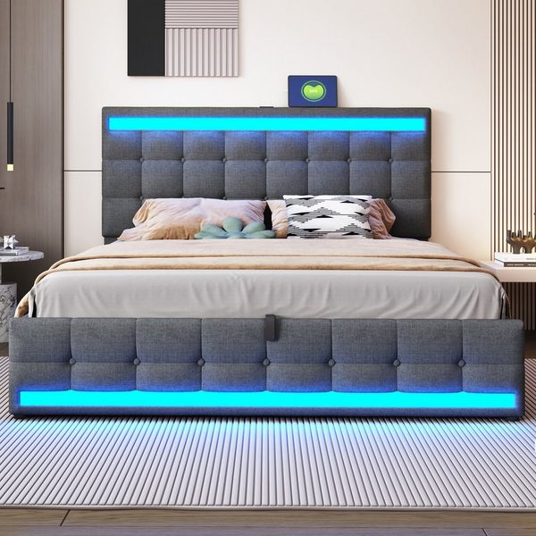 Merax Polsterbett mit LED und USB Anschlüssen (Höhenverstellbares Kopfteil, 1-tlg), Doppelbett 180x200cm mit hydraulischem Stauraum, Mehrzweckbett, Leinen