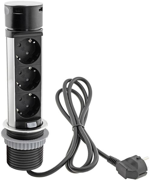 Schreibtisch-Einbausteckdose, rund Mini versenkbar, Edelstahl, 2x Steckd,USB A+C