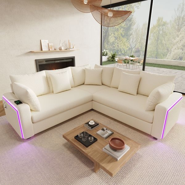 5-Sitzer Ecksofa 198 x 198 x 83 cm aus Cord mit LED-Beleuchtung und USB/USB-C