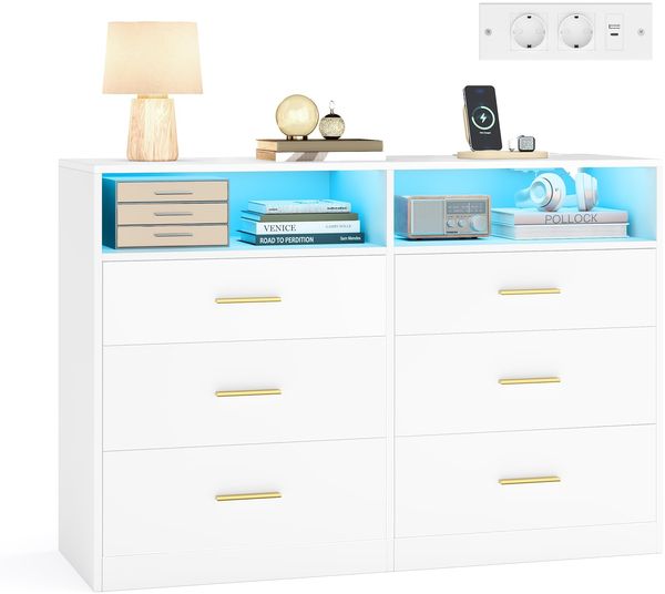 VASAGLE Custos Kollektion - Kommode, Kommodenschrank mit LED-Beleuchtung und Steckdosenleiste, Sideboard, modern, Wohnzimmer, Schlafzimmer, 6 Schubladen, 40 x 119 x 81,2 cm, wolkenweiß LTS316WB01